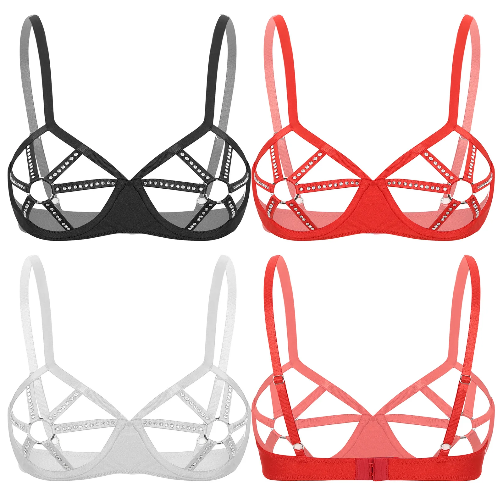 Womens See Through Bra Top Sexy Lingerie Rhinestones O-ring Cutout Cup Push Up Bras Underwire Exposed Brassiere Nightwear