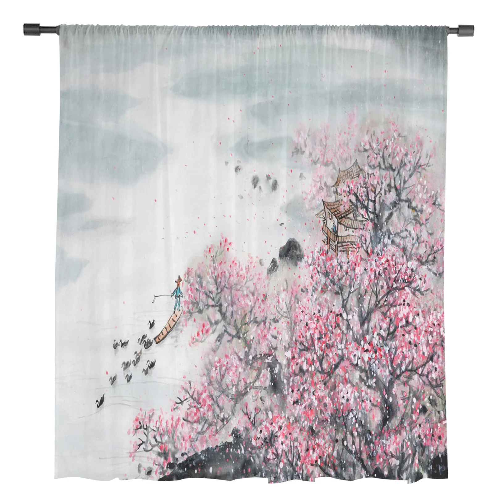 Plum Blossom Ink Painting Chinese Style Tulle Window Curtains for Bedroom Indoor Living Room Voile Decor Sheer Curtains Drapes