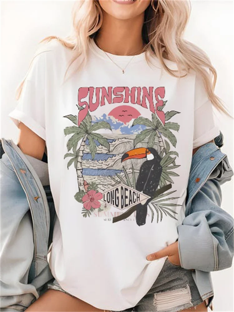 Sunshine Long Beach Pattern Printed Trendy T-Shirt Street Summer Short Sleeve Beach Vacation Printed Women's Top Travel T-Shirt