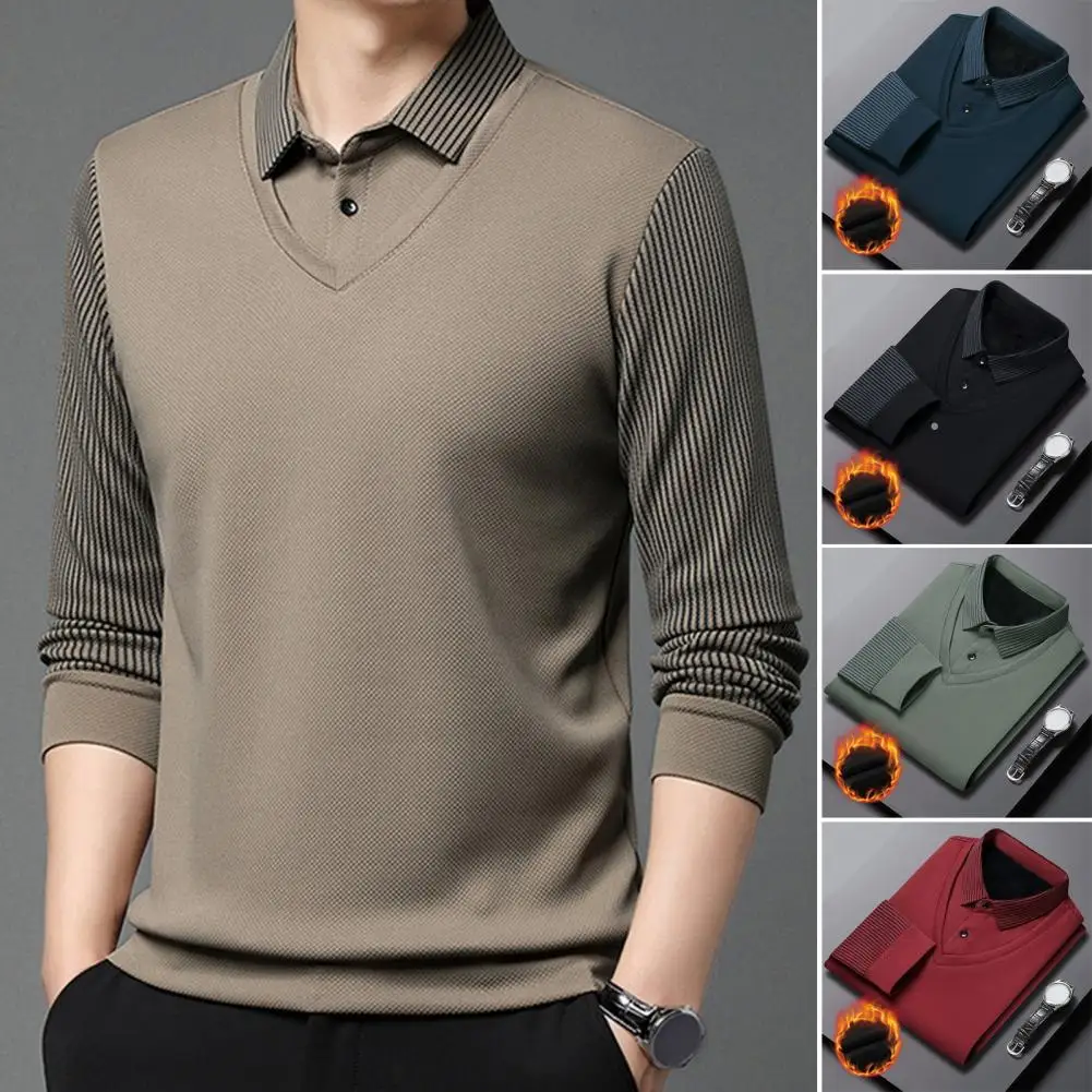 Shirt Collar Sweater Mid-aged Men\'s Formal Business Style Striped Sweater with Lapel Thick Plush Warm Knitted Pullover for Fall