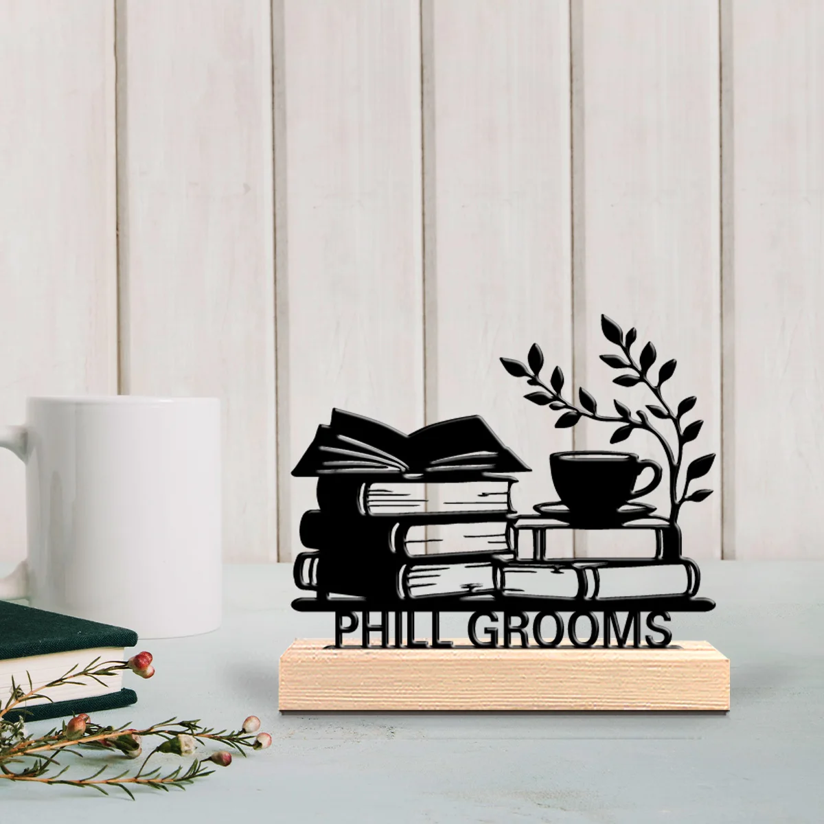 1pc Beauty Personalized Custom Books And Coffee Metal Statues Metal Art With Wooden Base Ideal For Writers, Book Lovers, Graduat