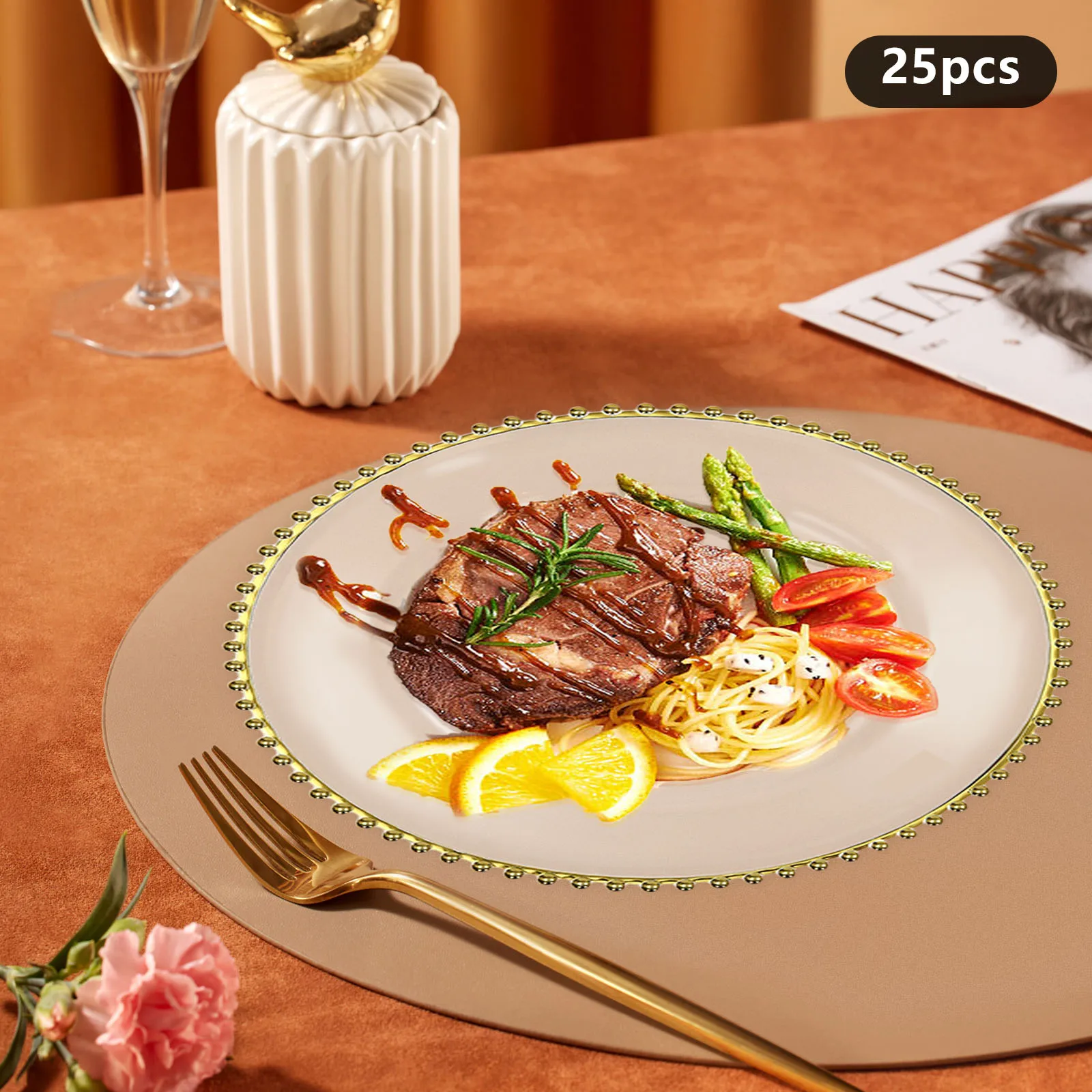 

Bymaocar 25 шт. пластиковый упаковочный лоток 32 см, поднос для шведского стола в стиле вестерн с декором из прозрачных золотых бусин, наборы тонущих нижних тарелок