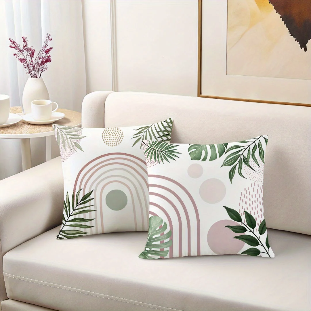 4pcs Boho Tropical Botanical Throw Pillow Covers 18x18 Inch - Soft Plush Polyester Farmhouse Decor with Dot & Leaf Print, Zipper