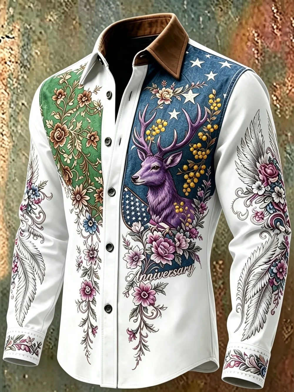 2026 New Men's Luxury Satin Shirt Geometric Color Block Printed Cuffs Long Sleeve Collar Button Shirt Wedding Men's Top