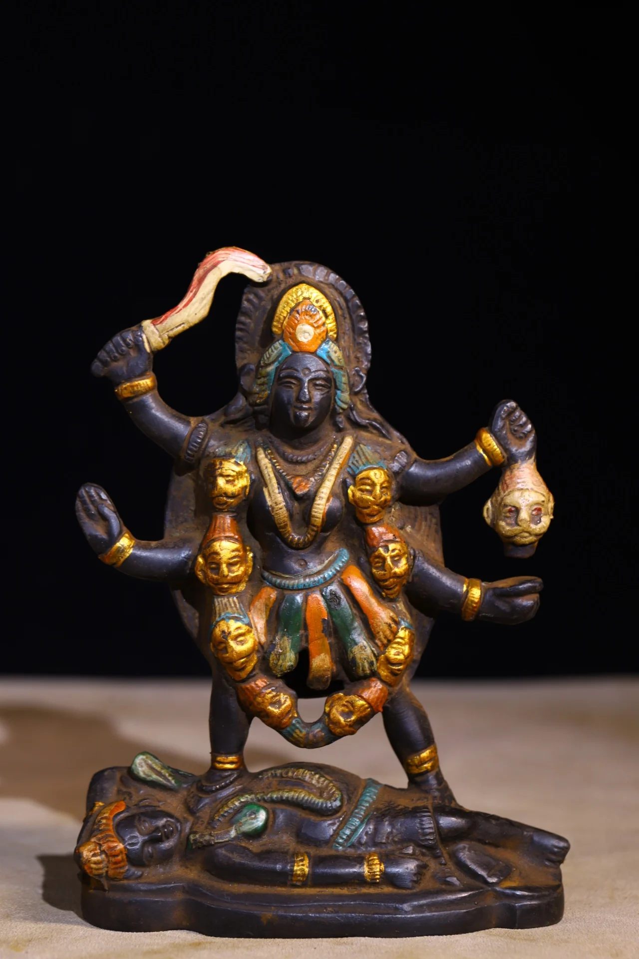 

6"Tibetan Temple Collection Old Bronze Cinnabar Painted Goddess Kali Durga Buddha Goddess Worship Hall Town house