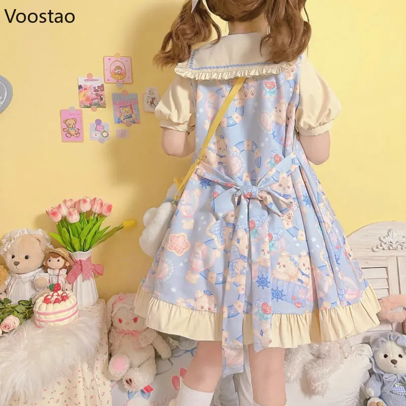 Summer Japan Style Kawaii Lolita OP Dress Girls Cute Cartoon Navy Bear Print Party Dresses Sweet Loose Bow Ruffles Mini Dress