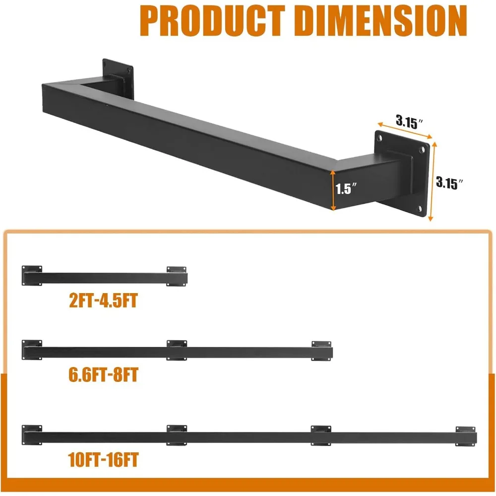 درابزين درج فولاذي معدني مثبت على الحائط غير قابل للانزلاق، درابزين درج مربع بطول 6.6 قدم للخطوات الداخلية والخارجية، أمان متين