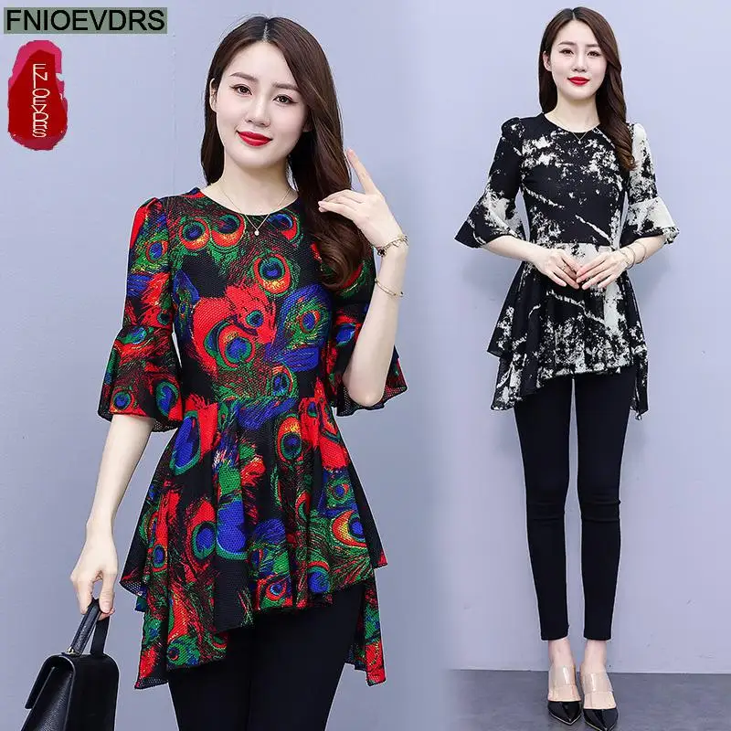 L-5XL Loose Clothes 2023 Women Summer Short Sleeve Elegant Ruffles Shirts Casual Retro Vintage Floral Tunic Peplum Tops Blouses