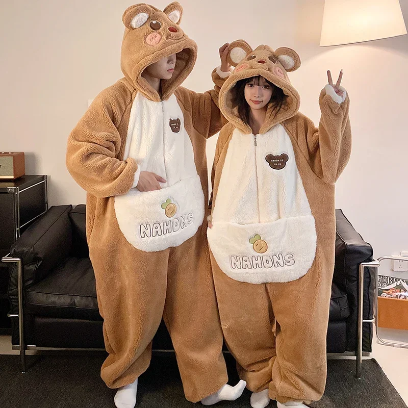 Cartoon Bear Couples Pajama Jumpsuits Women Men Adult Winter Thicken Hooded Pyjamas Sleepwear Korean Loose Onesie Soft Warm Home