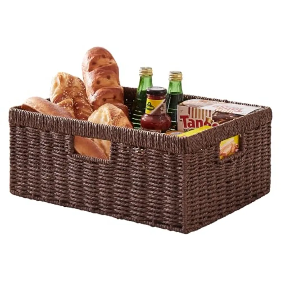 

Wicker Storage Basket, Rectangular Paper Rope Shelf Baskets with Built-in Handles, Woven Decorative Organizer for Pantry, Shelv