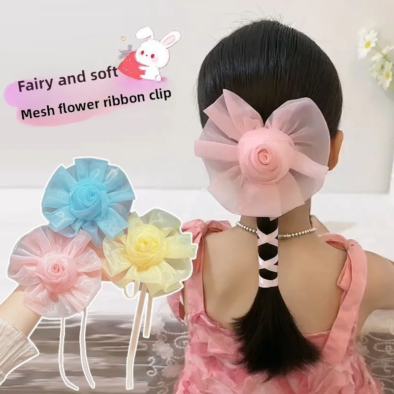 

Girls Big Flower Hairpin, Fairy Soft Mesh Ribbon Hairpin, Sweet Princess Ribbon Flower Braided Macaron Hair Accessories