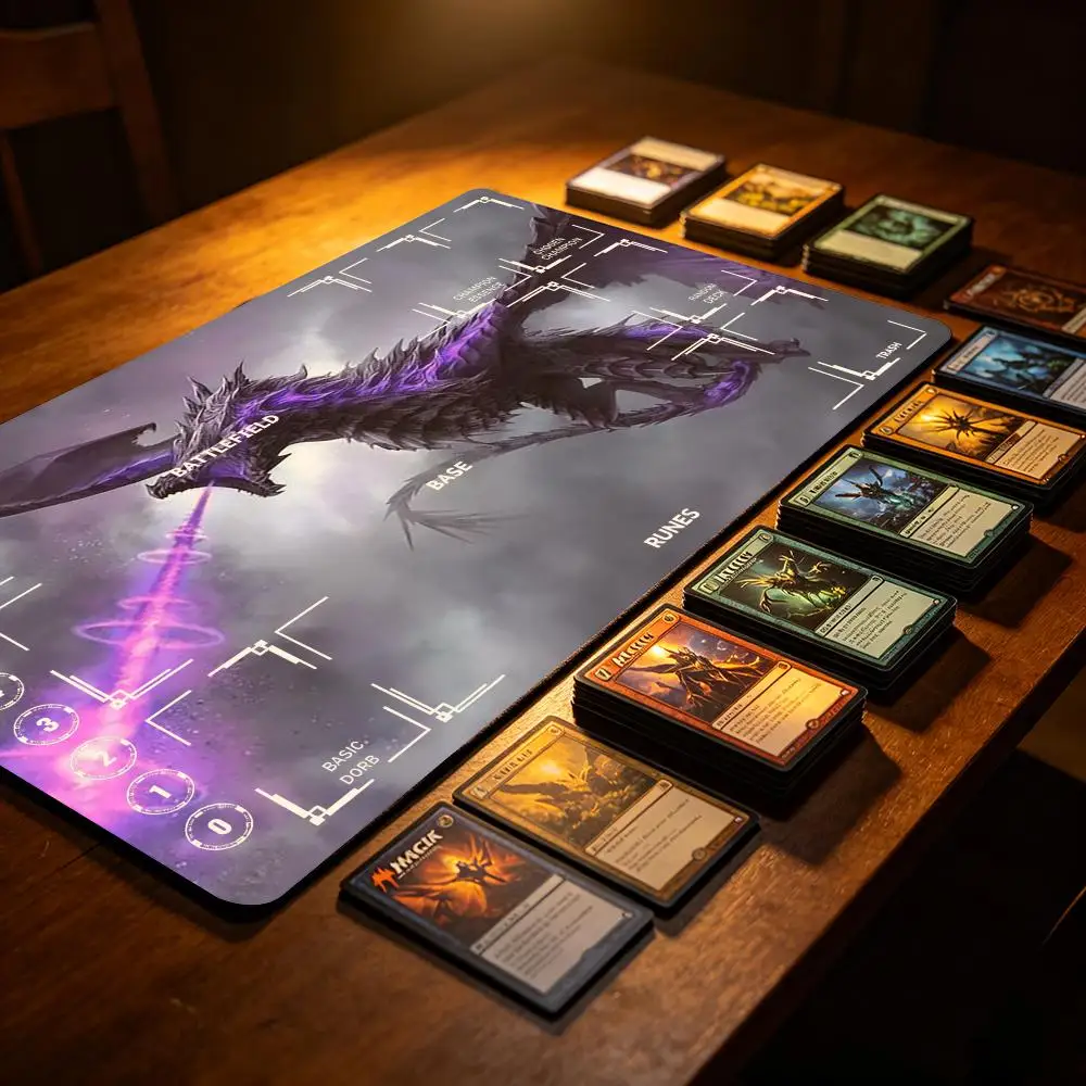 Dark Purple Shadow Dragon Breath Beam TCG Playmat With Zones, Misty Cloud Fantasy Trading Card Game Mat Non-Slip Rubber