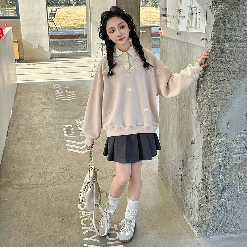 Spring Girls Sweatshirt Children Bow-Tie Jumper New Long-Sleeved Collared Blouse Kids Sweet Casual Pullover Autumn Loose Clothes