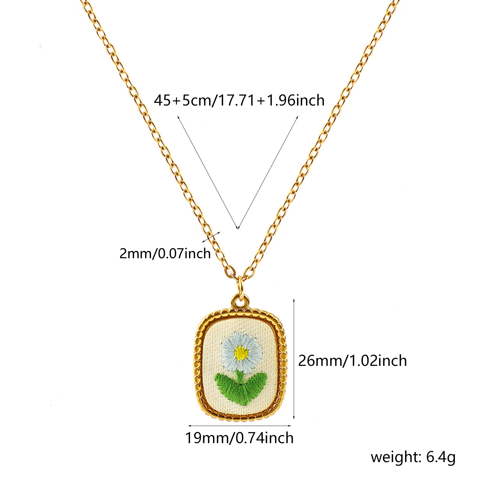 1pc Stainless Steel Necklace 18K Gold Plated Link Cable Chain Handmade Embroidered Flower Pendant Necklace For Women Jewelry