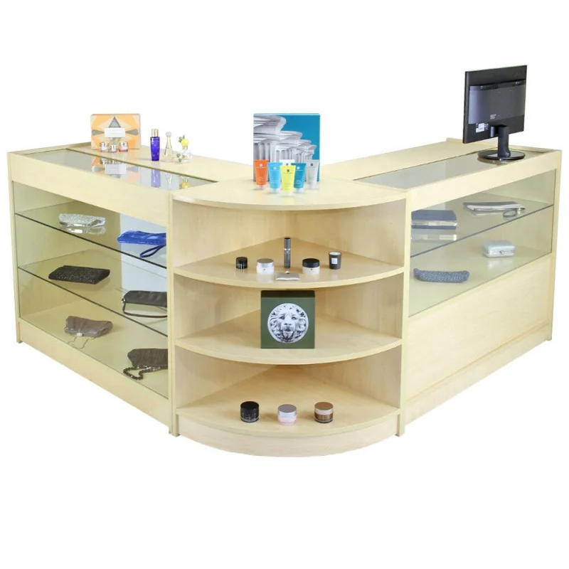 

custom.KEWAY Popular Multifunction Supermarket Display Shelves MDF Checkout Counter Curved Front Desk Reception Desk for Retail