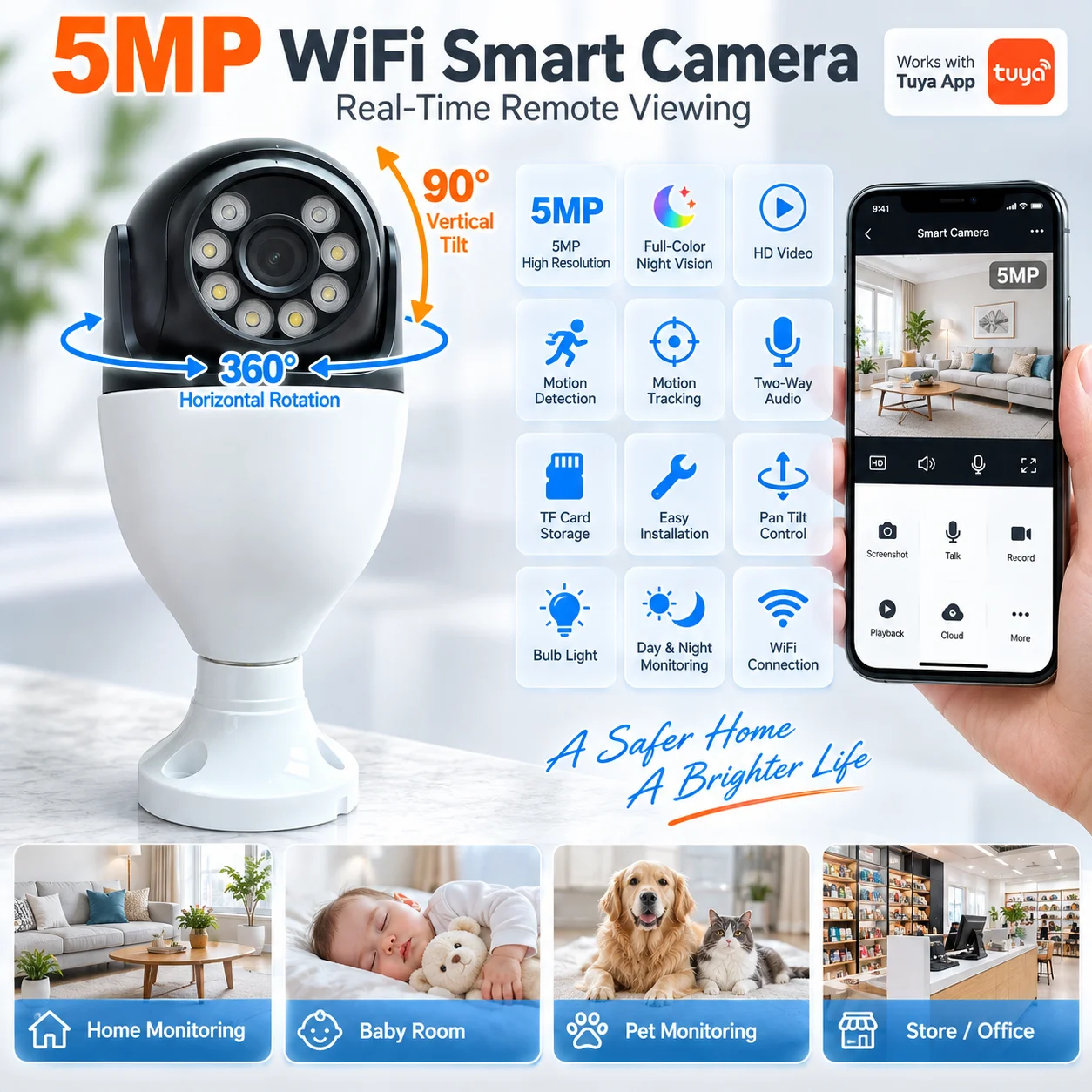 5MP Tuya E27 Bulb PTZ Security Camera 5GHz WiFi Outdoor Color Night Vision Smart Life CCTV Surveillance
