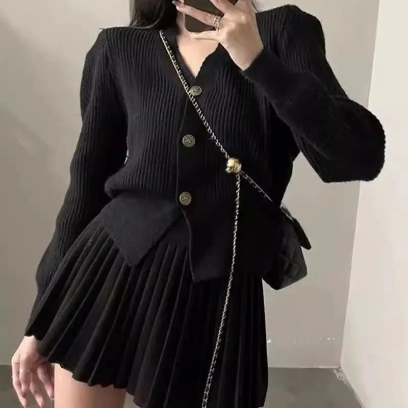 Chic Y2k Knitted 2 Pieces Sets Women Single-breasted Tops High Waist Mini Skirt Knit Cardigan Solid Outfits Spring Autumn Suits