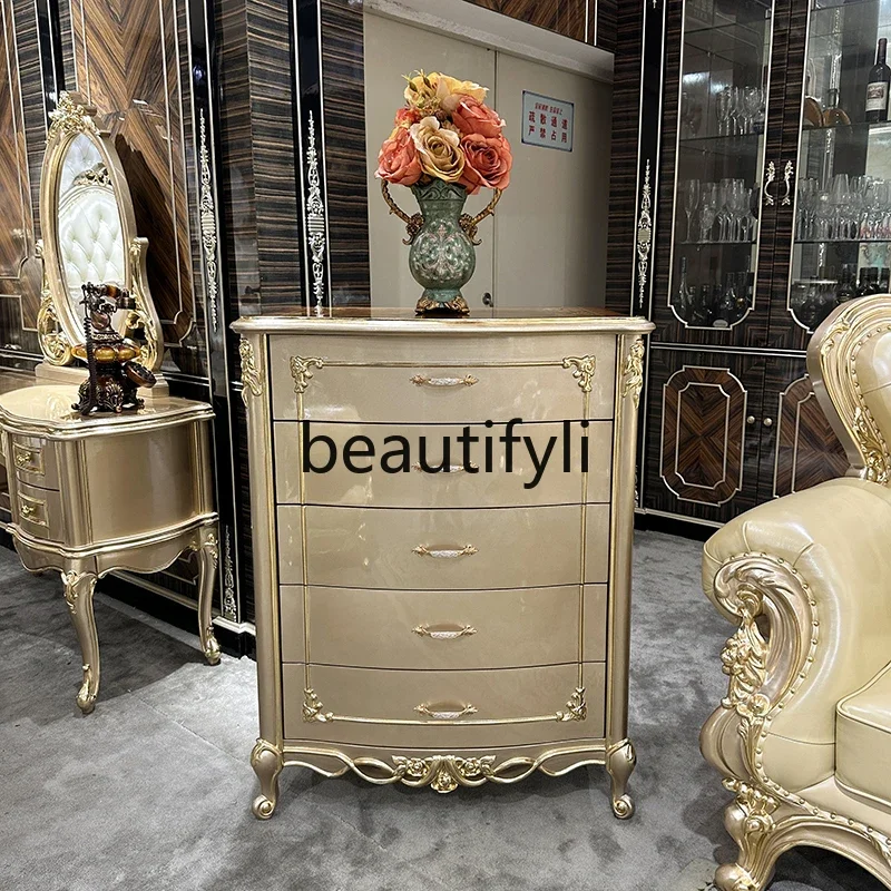 

French solid wood chest of drawers luxury engraved champagne gold chest of drawers storage locker living room2936
