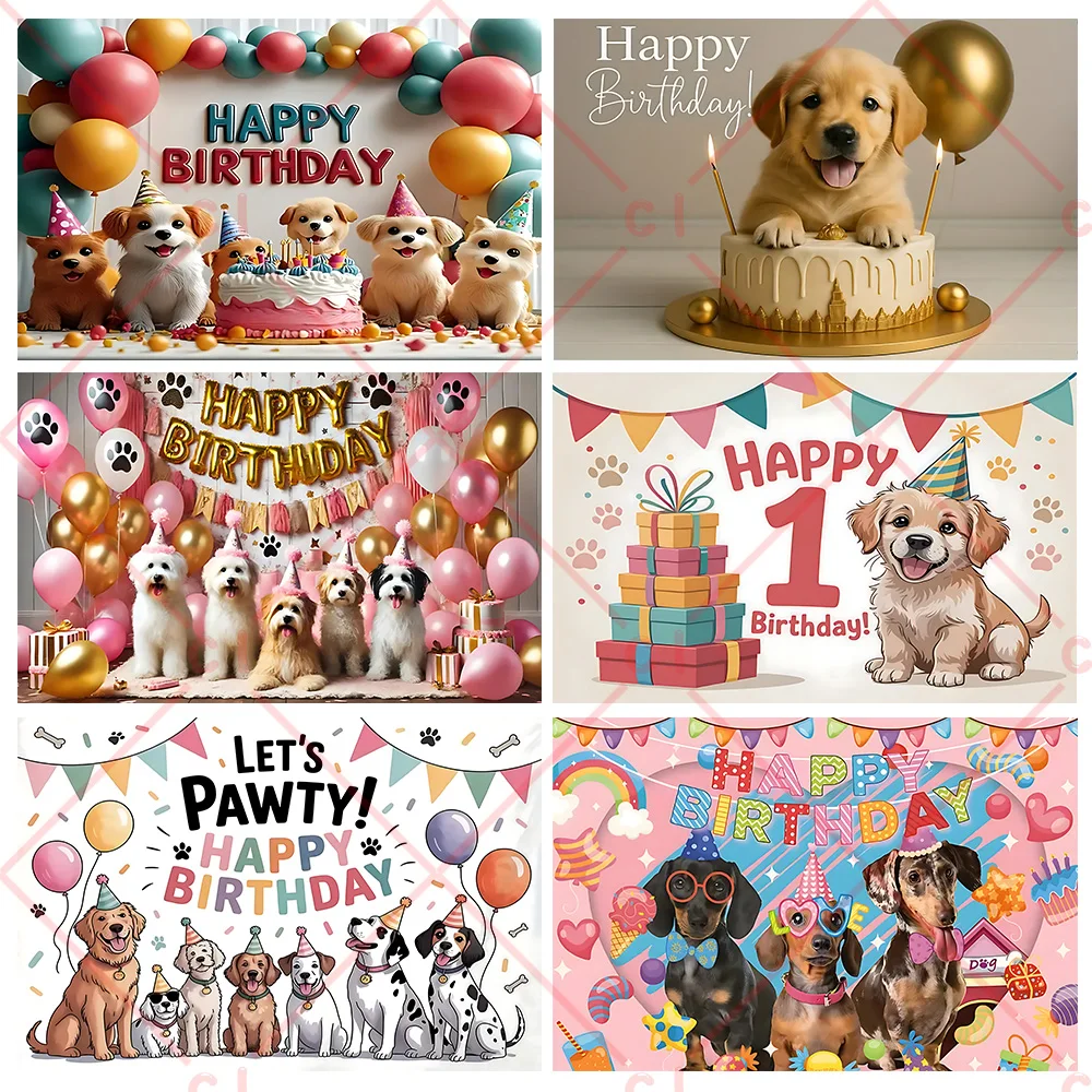 

Cartoon Dog Theme Kids Birthday Cute Pet Party Decoration Puppy Paw Baby Shower Colorful Balloon Banner Photography Background