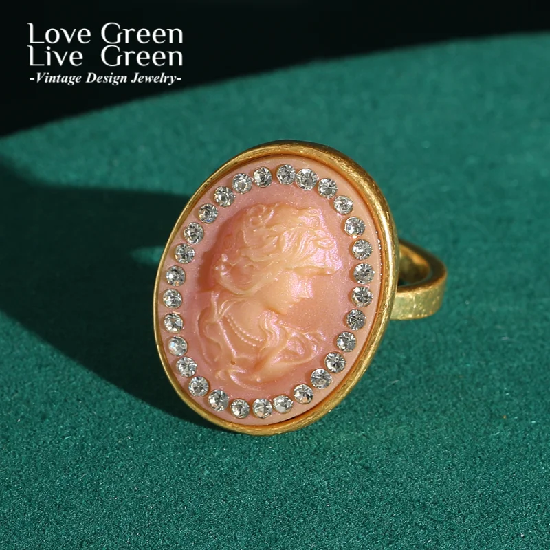 

Pink Ring Stone Oval Relief Beauty Portrait Vintage Jewelry Luxury Designer Woman Rhinestones Gold Color Valentine Day Gift 2025