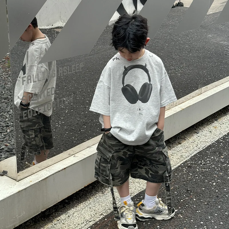 Meninos topos verão algodão manga curta camiseta 2024 novo solto casual all-matching crianças estilo de verão digital chique topo menino