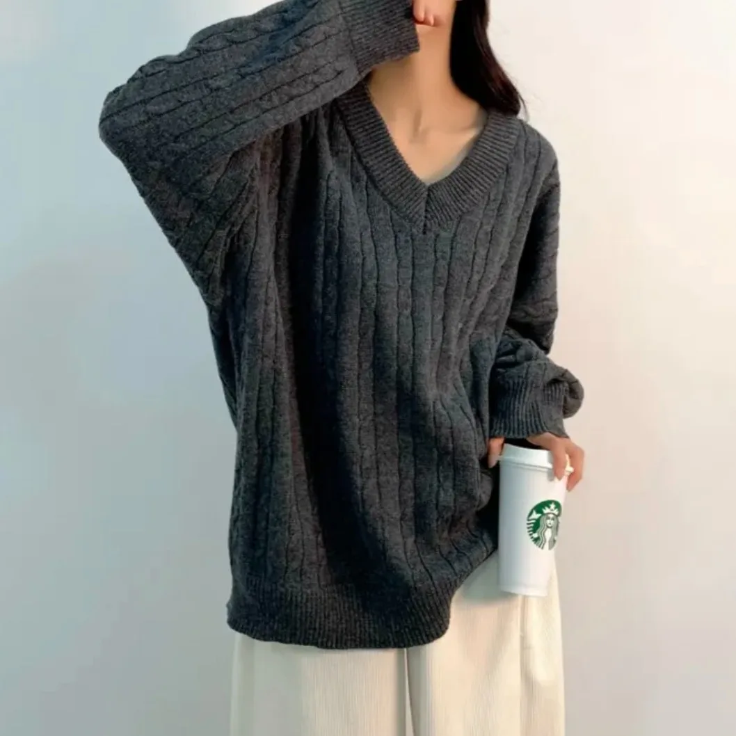 Chique v-ne camisola de malha feminina outono inverno solto longo sle retro torção macio confortável versátil casual commute faion