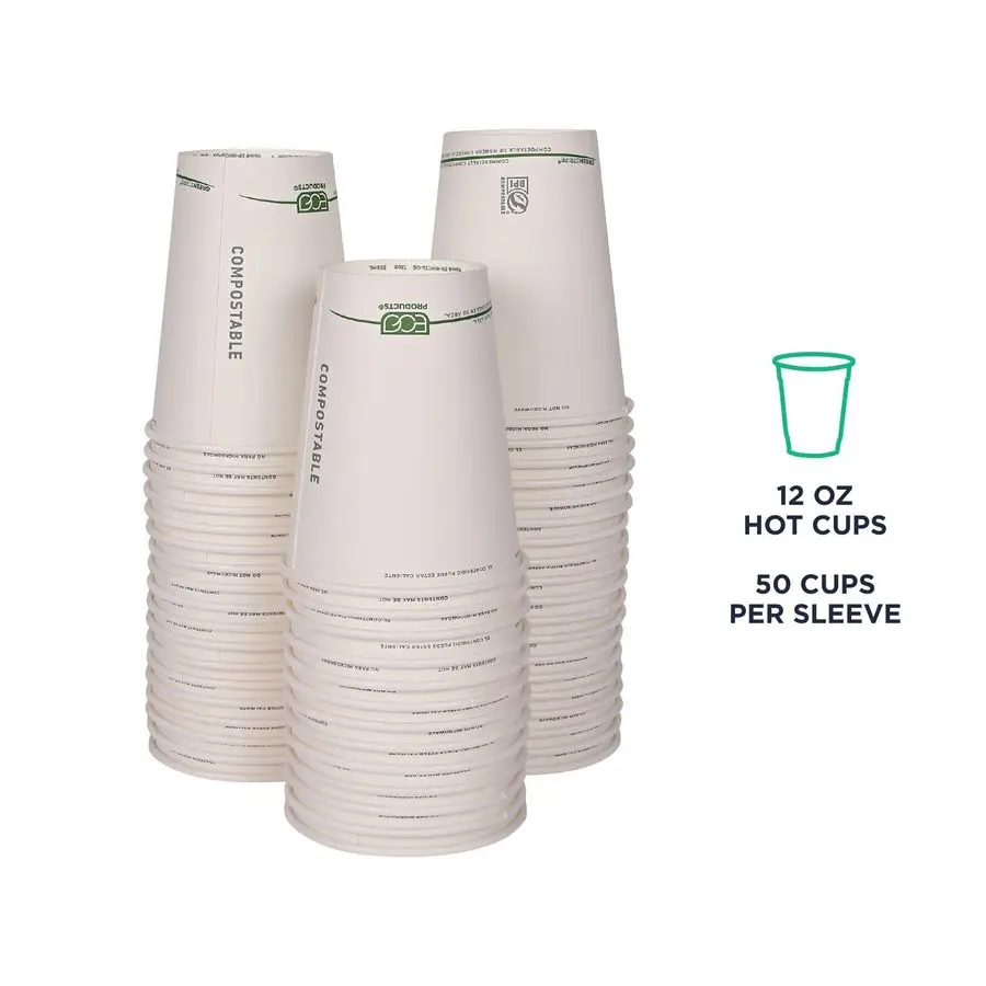 

Compostable Disposable GreenStripe 12oz Coffee Cups, Case of 1000, White Single Wall Hot Paper Cup, Plant Based PLA Lining, Biod