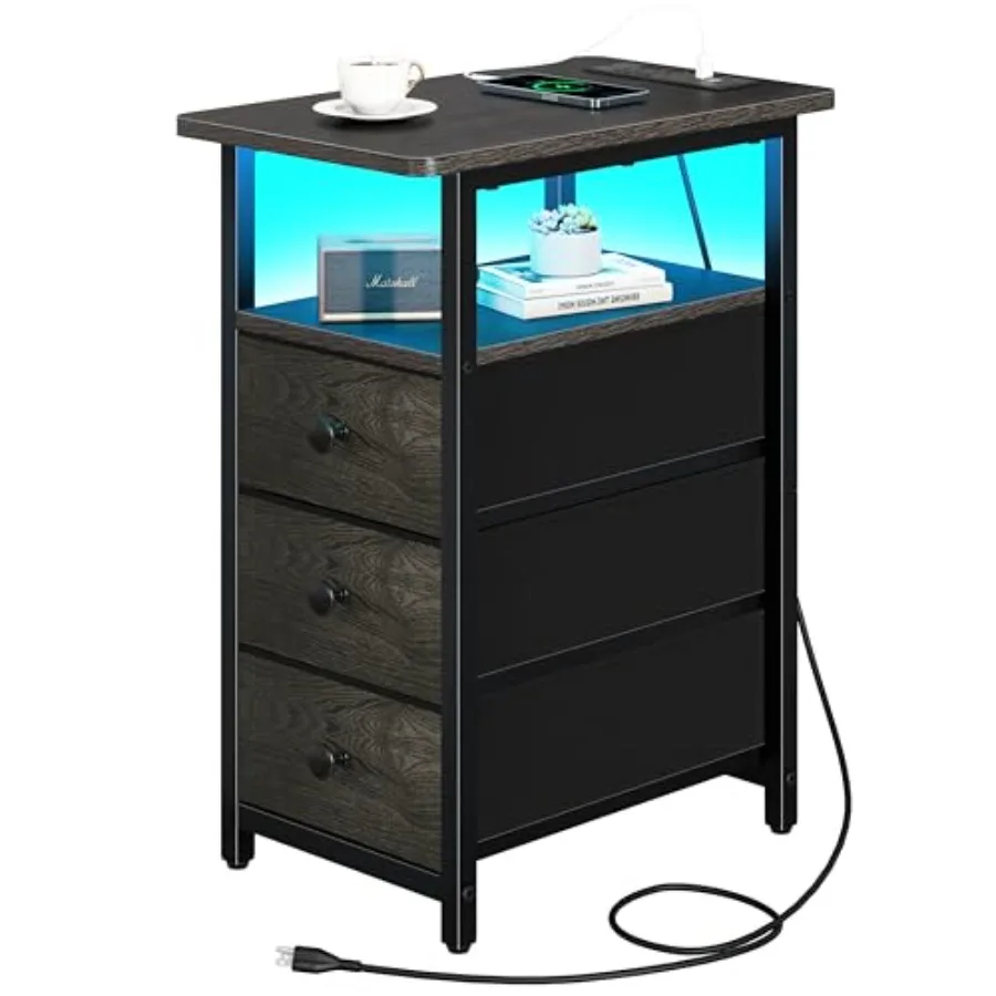 

End Table with Charging Station LED Narrow Side Table Bedside Table Small Night Stand End Tables Living Room Skinny Nightstand