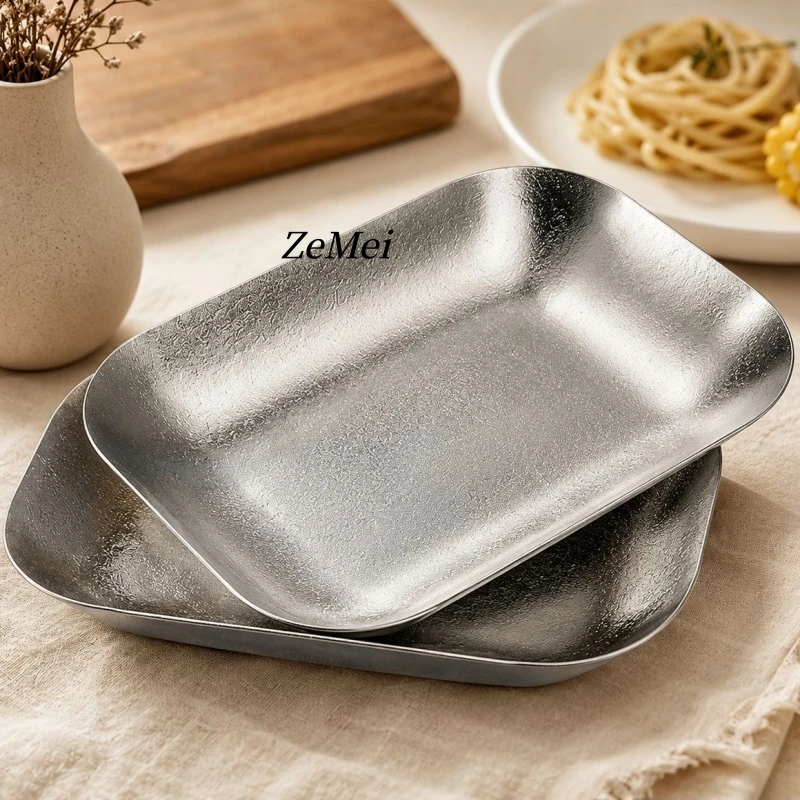Light Gray Pure Titanium Rectangle Dinner Plate,Heat-Resistant Home Steak Plate Dinner Dishes Grill Tray Tableware,Kitchenware