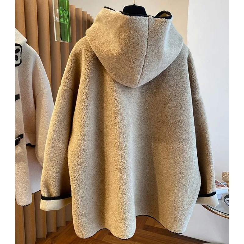 2024 New Extra-large Size 300 Pounds Loose Warm Niche Hooded Lambswool Coat Women\'s Autumn Winter Overcoat Leather Casual Wear