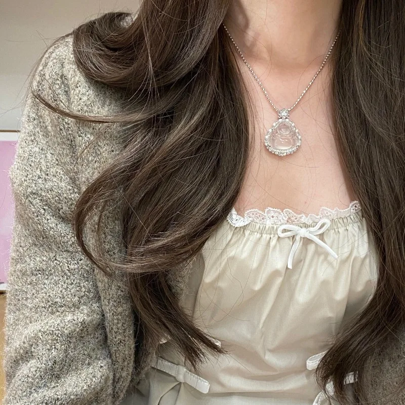 Classic transparent natural ice chalcedony Buddha necklace light luxury inlaid diamonds collar chain wedding jewelry
