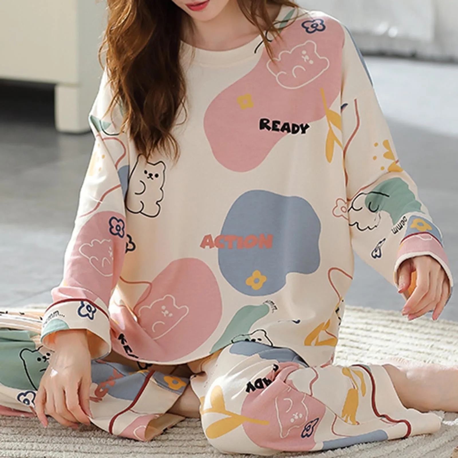 2pcs Long Pajamas Set Woman Stylish Cartoon Printing Sleepwear For Girl Indoor Outdoor Causal Soft Pijama 2 Piece Set Loungewear