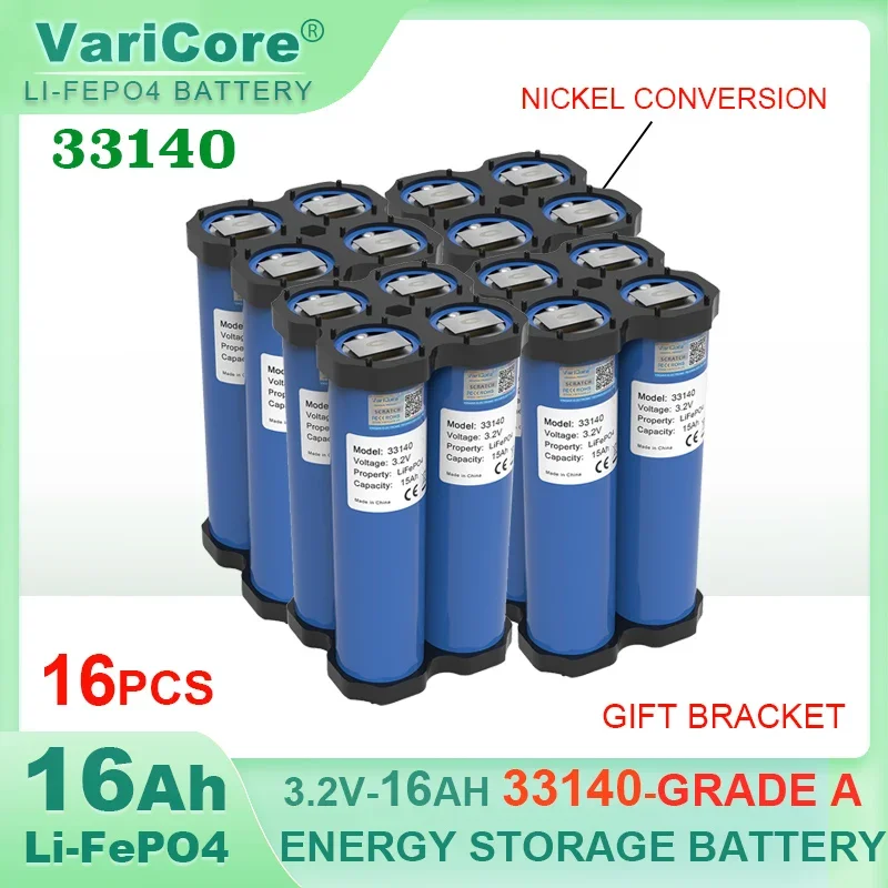 16pcs 3.2v 33140 15Ah LiFePO4 Battery Lithium Iron Phosphate cell for 4s 12v Solar Inverter Boat E-scooter power tools+Nickel