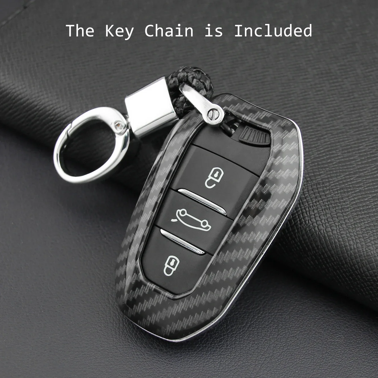 Carbon Fiber Smart Key Fob Cover Case Chain Ring For Peugeot 308 508 2008 3008 5008 Citroen C3 C5 Aircross DS 9 3 7 Crossback image 3