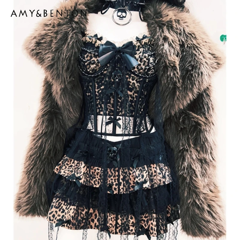 

Vintage Original Design Subculture Fur Women's Coat Winter New Leopard Print Lace Vest Sweet Cool Sexy Short Skirt Set Ladies