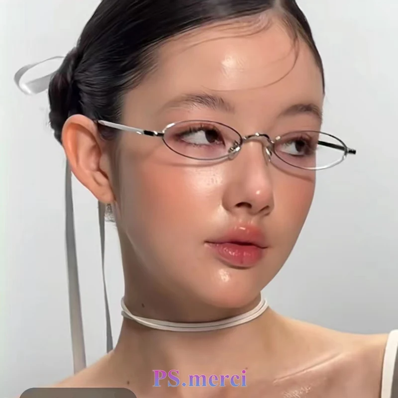 psmerci-女性用メタル眼鏡フレーム抗青色光フラットトップ装飾近視処方メガネ写真撮影