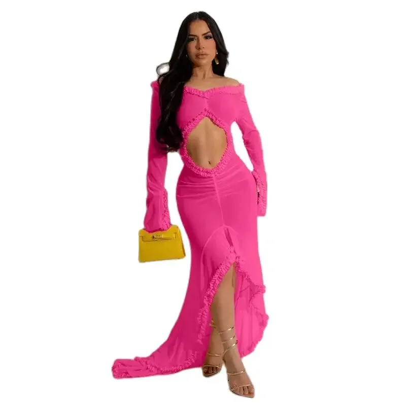 Sexy Center Cutout Wrap Hip Dresses Women Korean See-through Long Sleeves Dress Female Fashion Party Slim Fit Floor-length Gown