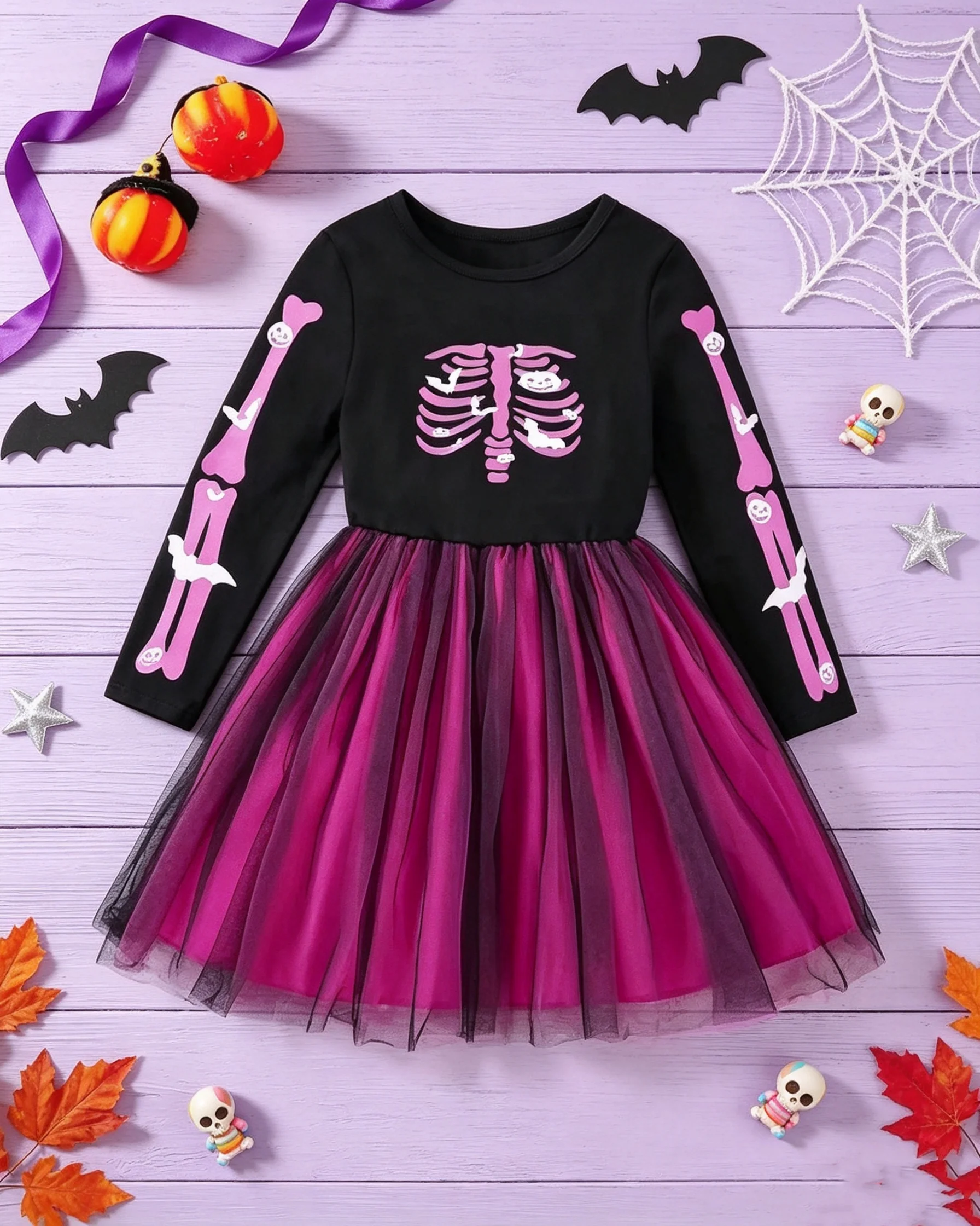 Kinder-Halloween-Kleid mit Knochenmuster, Netzstoff, Rundhalsausschnitt, Langarm, Lässig-Elegant, Mittellanger Rock für Herbst und Winter – Detail 2