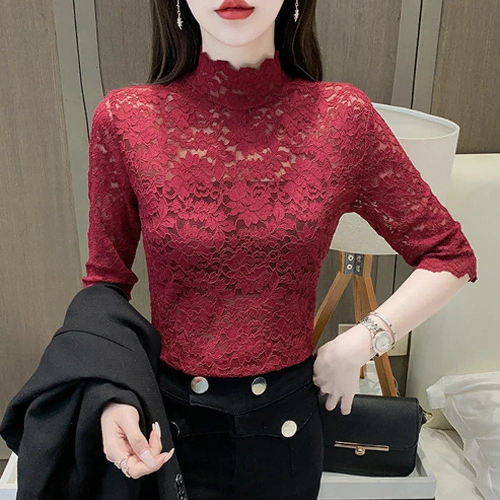 

Women Fashion Stretch Lace T Shirt Top Petal Sleeved T-Shirt 5 Colors S-3XL Size Short Sleeved Floral Lace Tees Clothing Ladies
