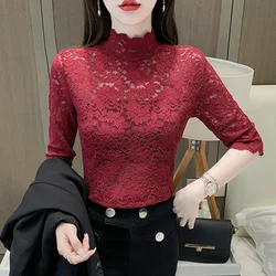 Women Fashion Stretch Lace T Shirt Top Petal Sleeved T-Shirt 5 Colors S-3XL Size Short Sleeved Floral Lace Tees Clothing Ladies