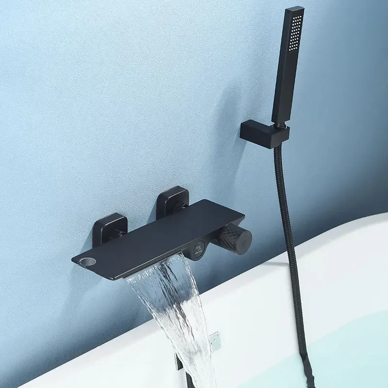 

Gray Bathtub Shower Set Wall Mounted Black Faucet, Bathroom Cold and Hot White Bath and Mixer Taps Brass