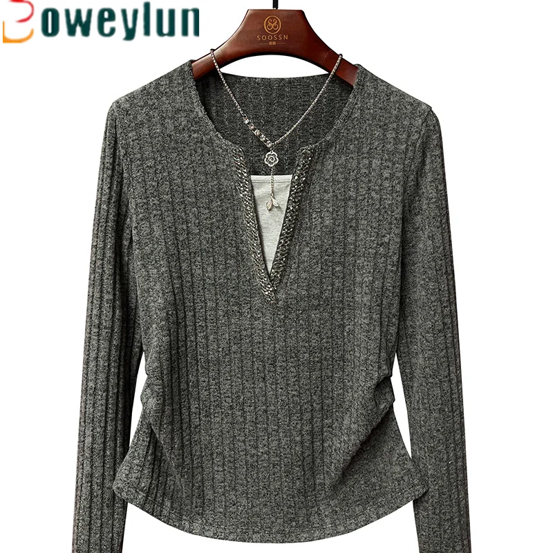 

BOWEYLUN Autumn Slim Splicing Fake Two-Piece Long Sleeve Tops Bottom Shirt Low V-Neck Bottom Shirt Women