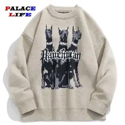 Doberman Dog Knitted Sweater Men Y2k Streetwear Oversize Pullover Vintage Graphic Knit Male Jumper Women Winter Casual Sweaters