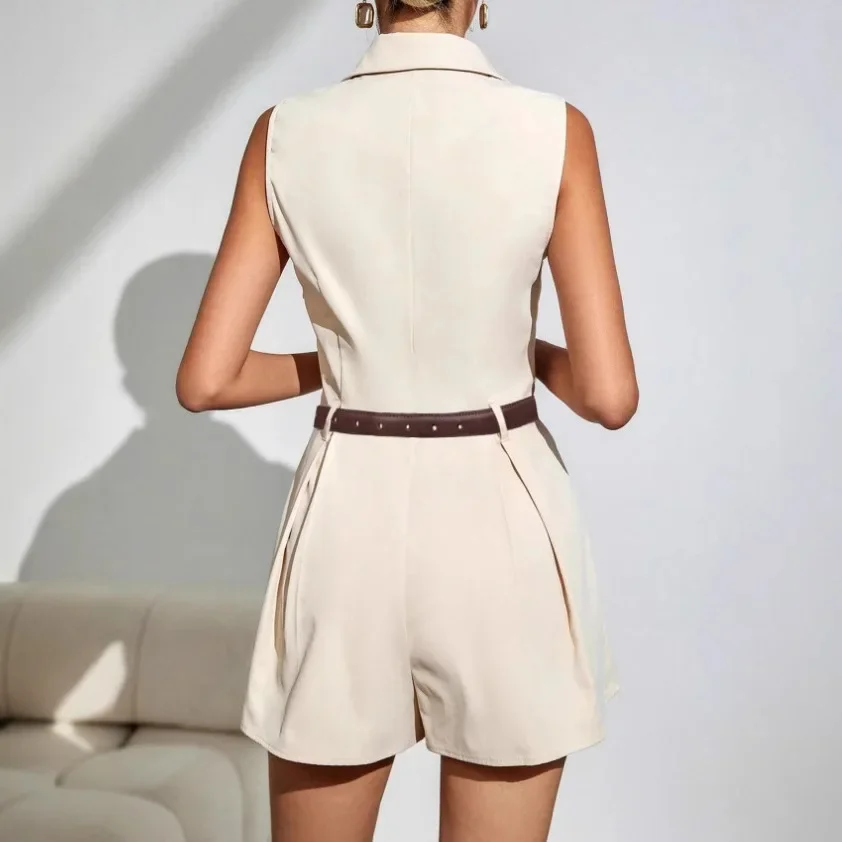 Women OL Slim Business Workwear Romper Jumpsuits Casual Lady Notched Sleeveless Solid Color Wide Leg Pant Playsuits With Slash