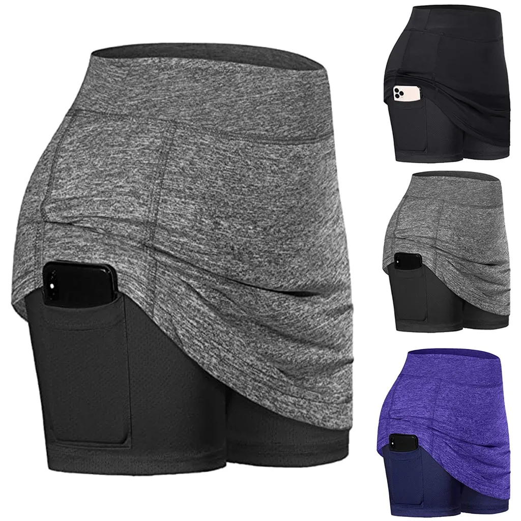 Shorts Skirt Pure Colors Running Skort Solid Color Above Knee Trendy Double Layer High Waist Elastic Sports Pockets Skorts