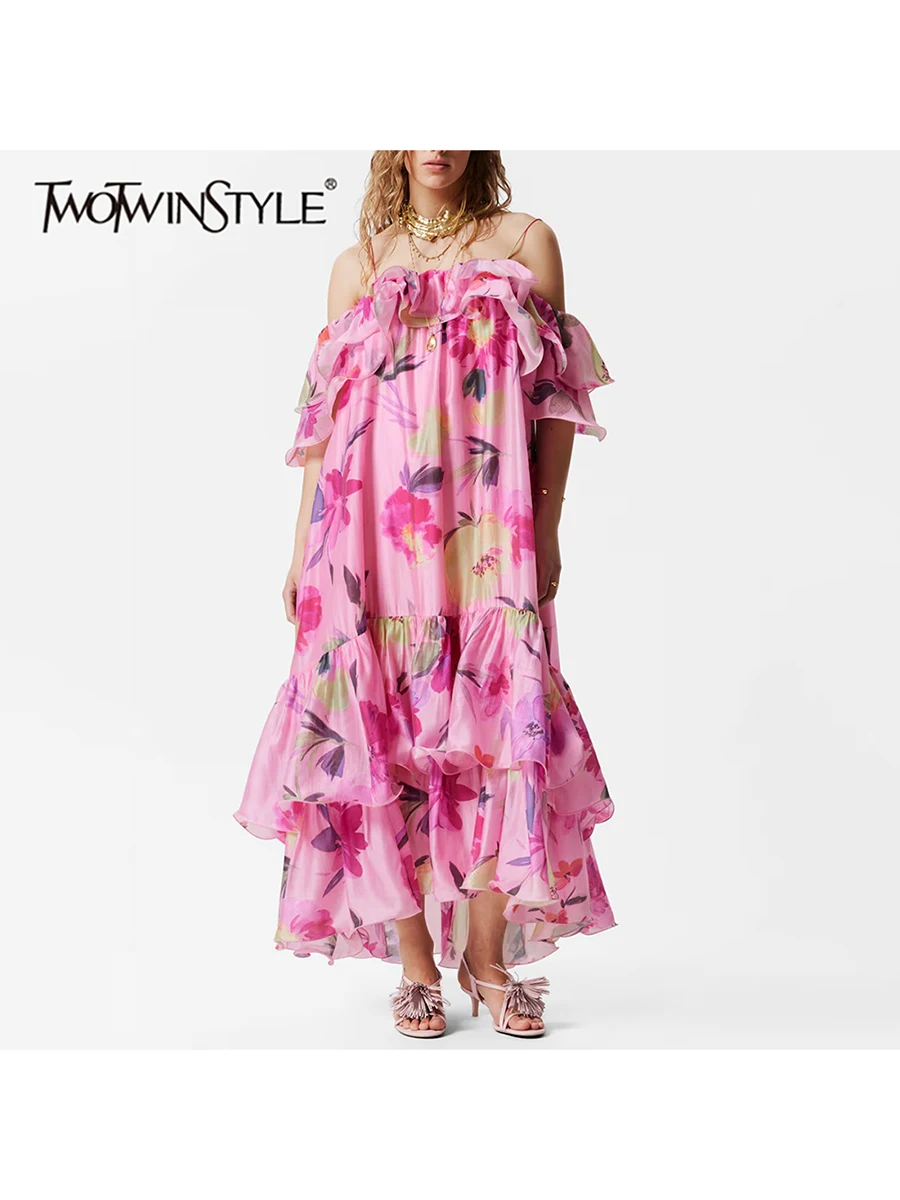 TWOTWINSTYLE solid loose casual spliced ruffles dresses for women square neck sleeveless high waist temperament dress female new