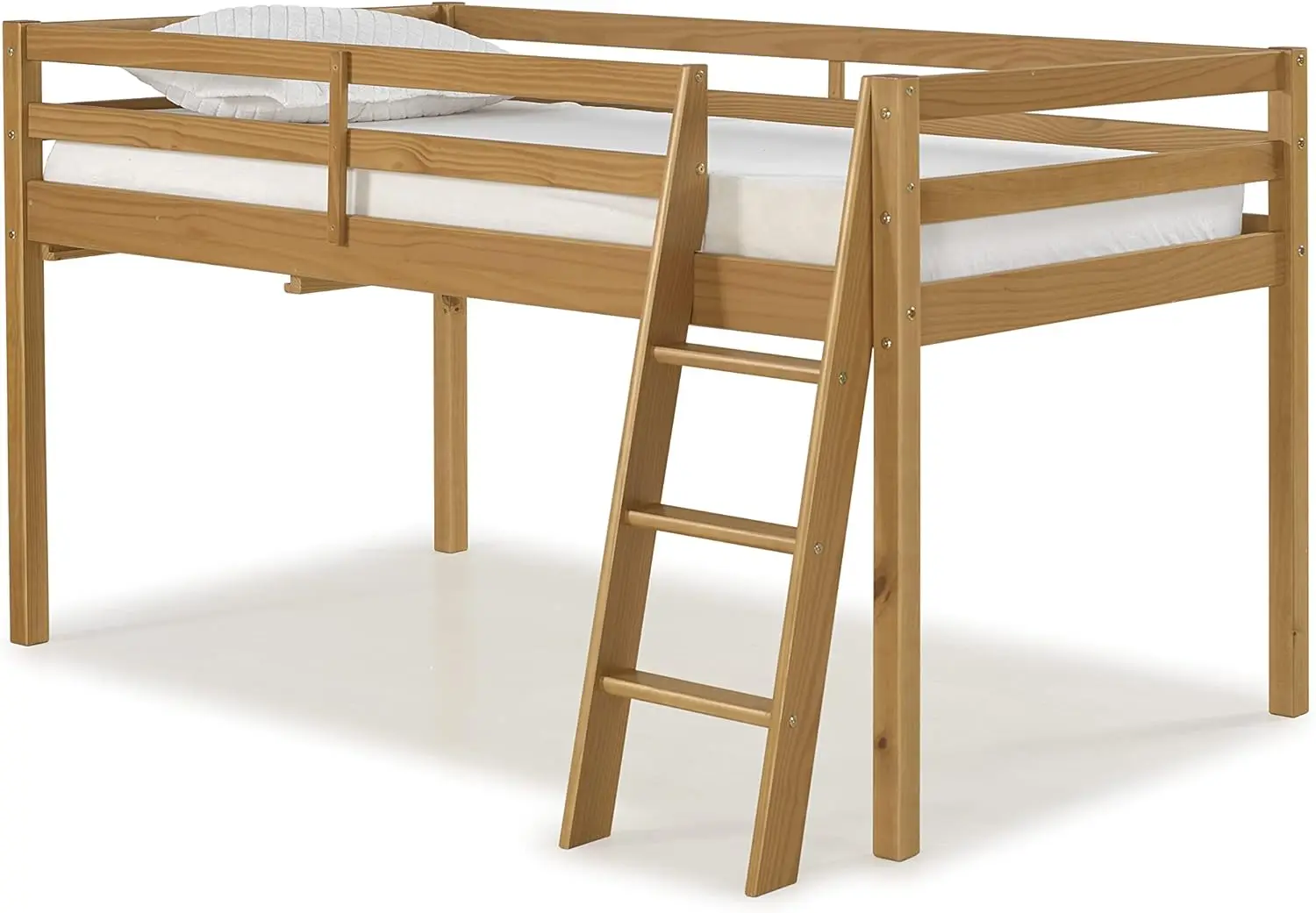 Twin-Size-Hochbett aus Holz für Junioren, Zimt-Finish, stabiler Holzrahmen für Kinder – inklusive integriertem Beistelltisch und offenem Regal für