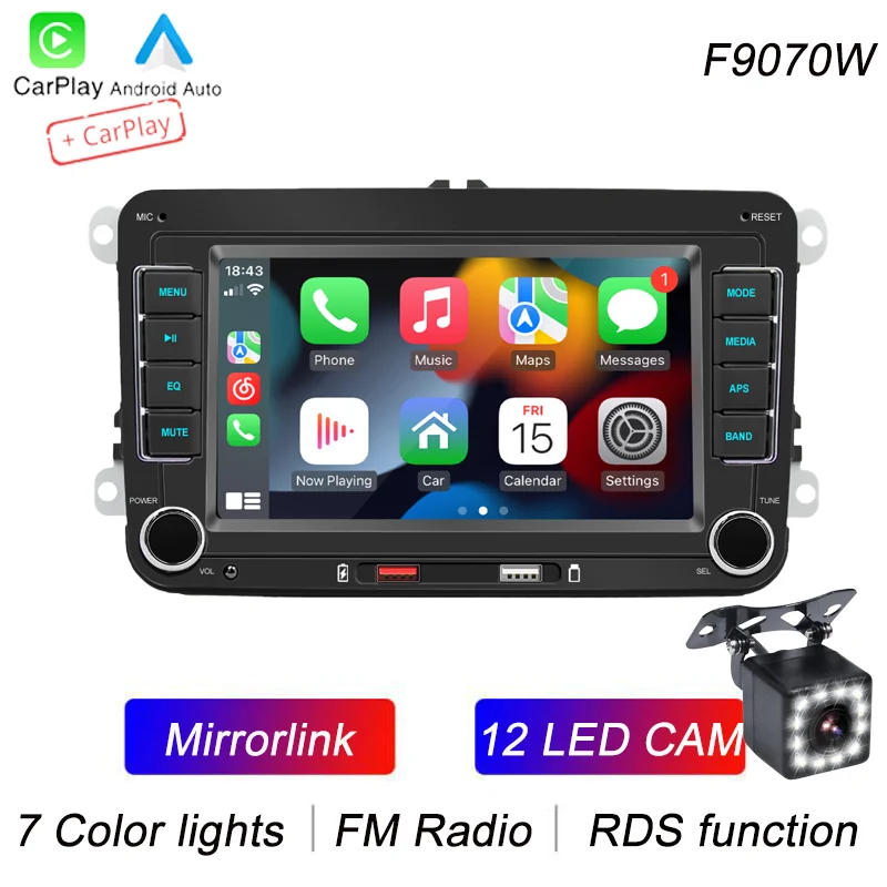 BQCC 7 "HD Auto MP5 Speler FM BT Kleurrijke lichten RDS Radio Mirrorlink USB opladen Draadloos Android AUTO/Carplay voor VW