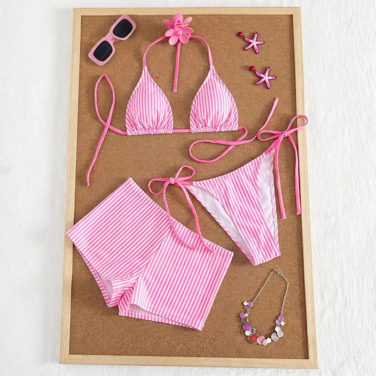 sexy blue pink striped print bikinis sets 3pcs swimwear with shorts halter tie bathing suit swimsuits biquini tankini trikini