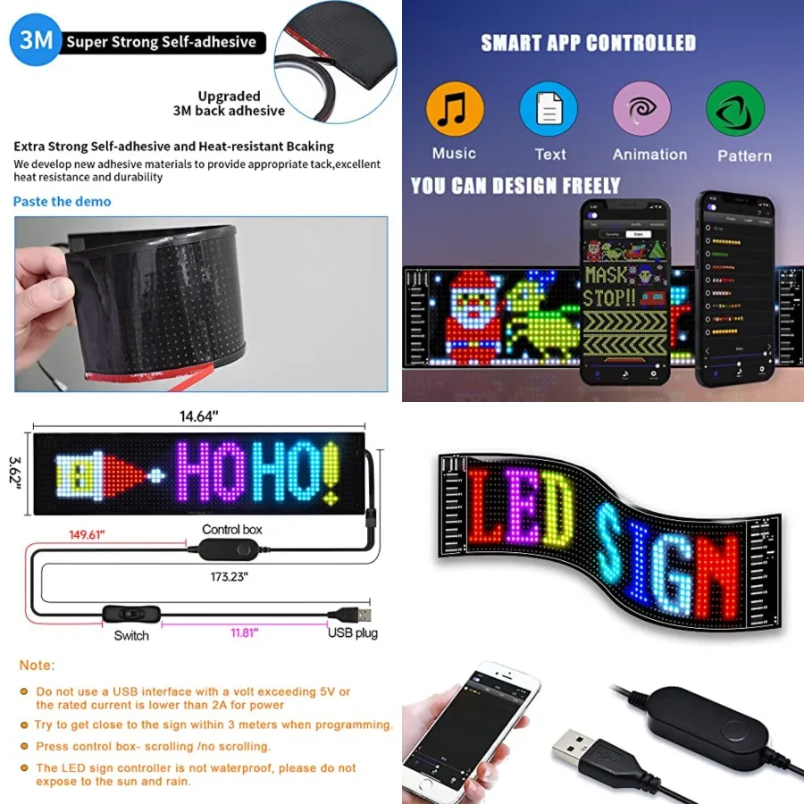 LED Matrix Panel Bluetooth APP Control USB 5V Flexible LED Screen Scrolling Text Pattern Animation Sign for Car Windows, Shop,